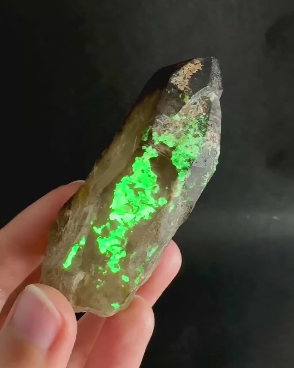 Hyalite Opal on Smoky Quartz (Namibia) | UV reactive Hyalite Opal on smoky quartz crystal