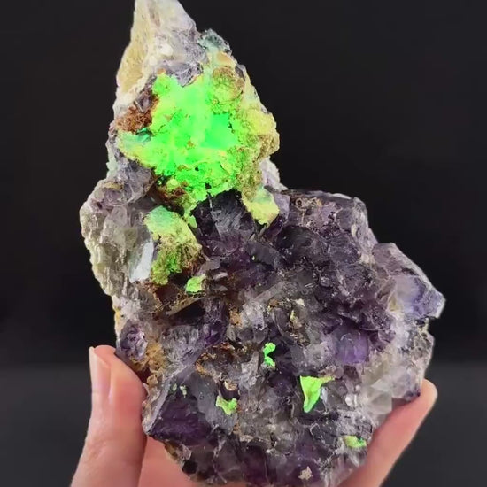Fluorite w/ Hyalite Opal (Namibia) | UV reactive Hyalite Opal on fluorite crystal, mineral specimen