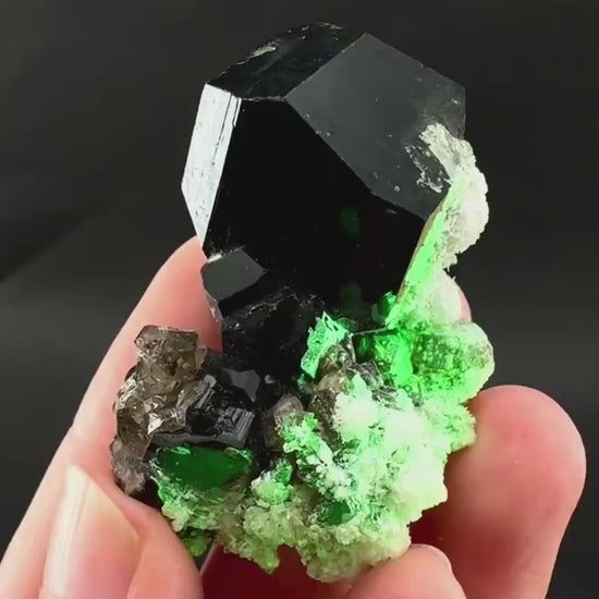 UV Reactive Hyalite Opal w/ Smoky Quartz & Black Tourmaline | Fluorescent Mineral Specimen from Namibia