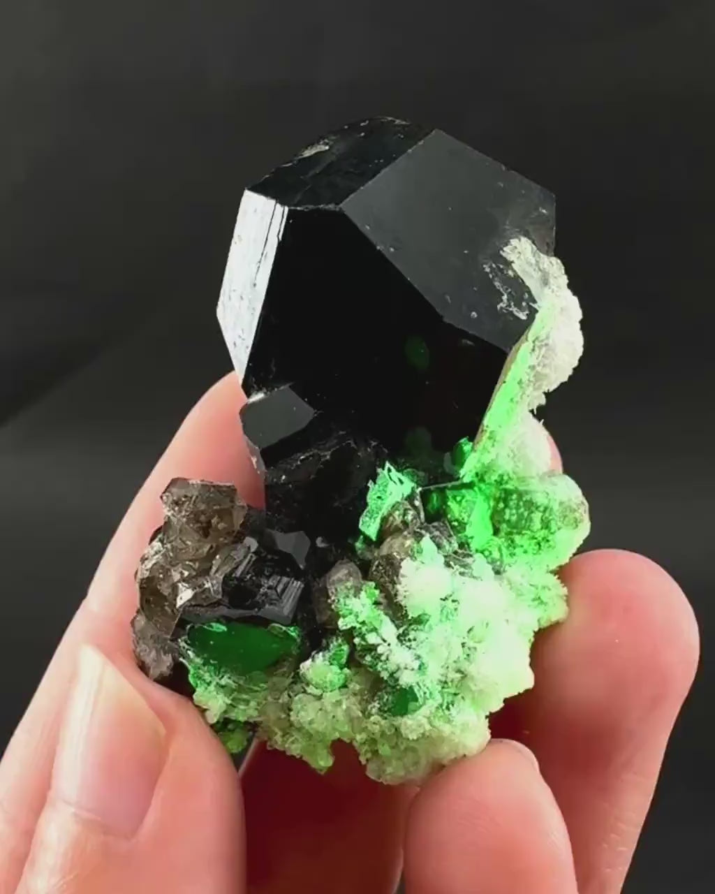 UV Reactive Hyalite Opal w/ Smoky Quartz & Black Tourmaline | Fluorescent Mineral Specimen from Namibia