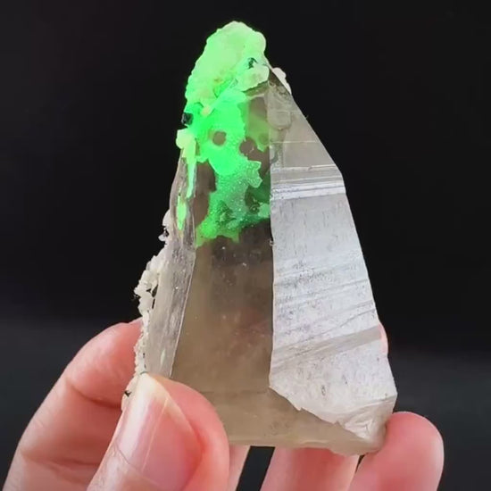 Hyalite Opal on Smoky Quartz (Namibia) | UV reactive Hyalite Opal on smoky quartz crystal, Tessin Habit