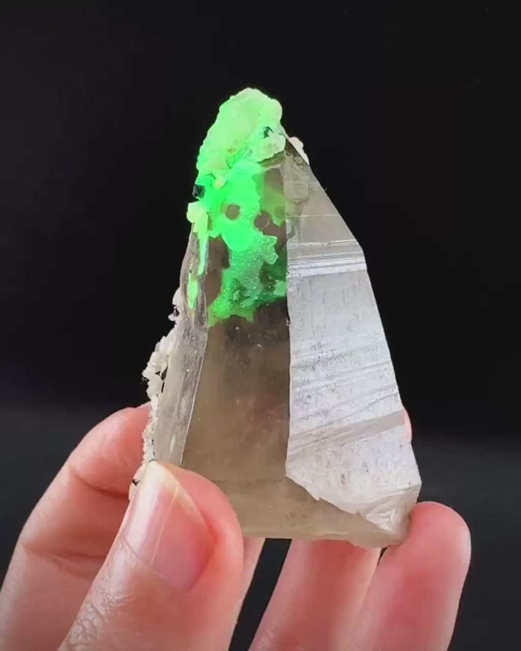 Hyalite Opal on Smoky Quartz (Namibia) | UV reactive Hyalite Opal on smoky quartz crystal, Tessin Habit