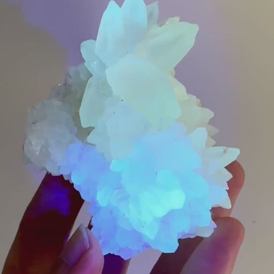 Fluorescent Calcite | UV-reactive raw crystal cluster, natural mineral specimen