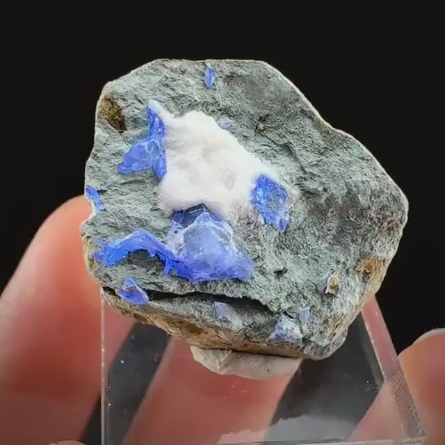 Benitoite w/ Natrolite (California, USA) | UV reactive benitoite crystal, rare mineral specimen