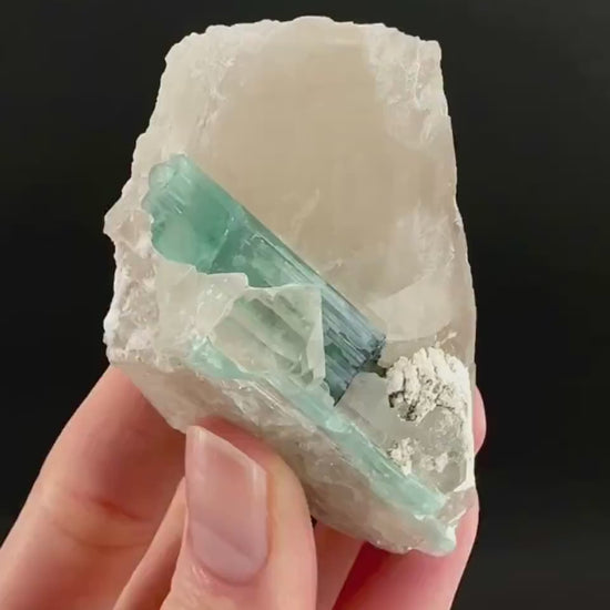 Indicolite Tourmaline on Quartz | Natural Green Crystal, Mineral Specimen from Pakistan