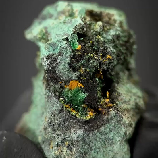 Kasolite w/ Malachite | orange and green crystal, rare mineral specimen from DR Congo