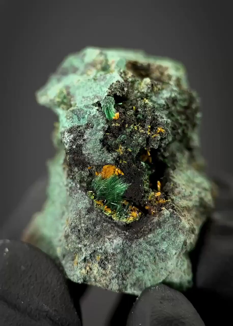 Kasolite w/ Malachite | orange and green crystal, rare mineral specimen from DR Congo