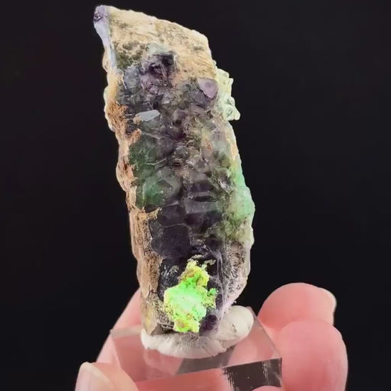 Fluorite w/ Hyalite Opal on Feldspar (Namibia) | UV reactive Hyalite Opal on fluorite crystal, mineral specimen