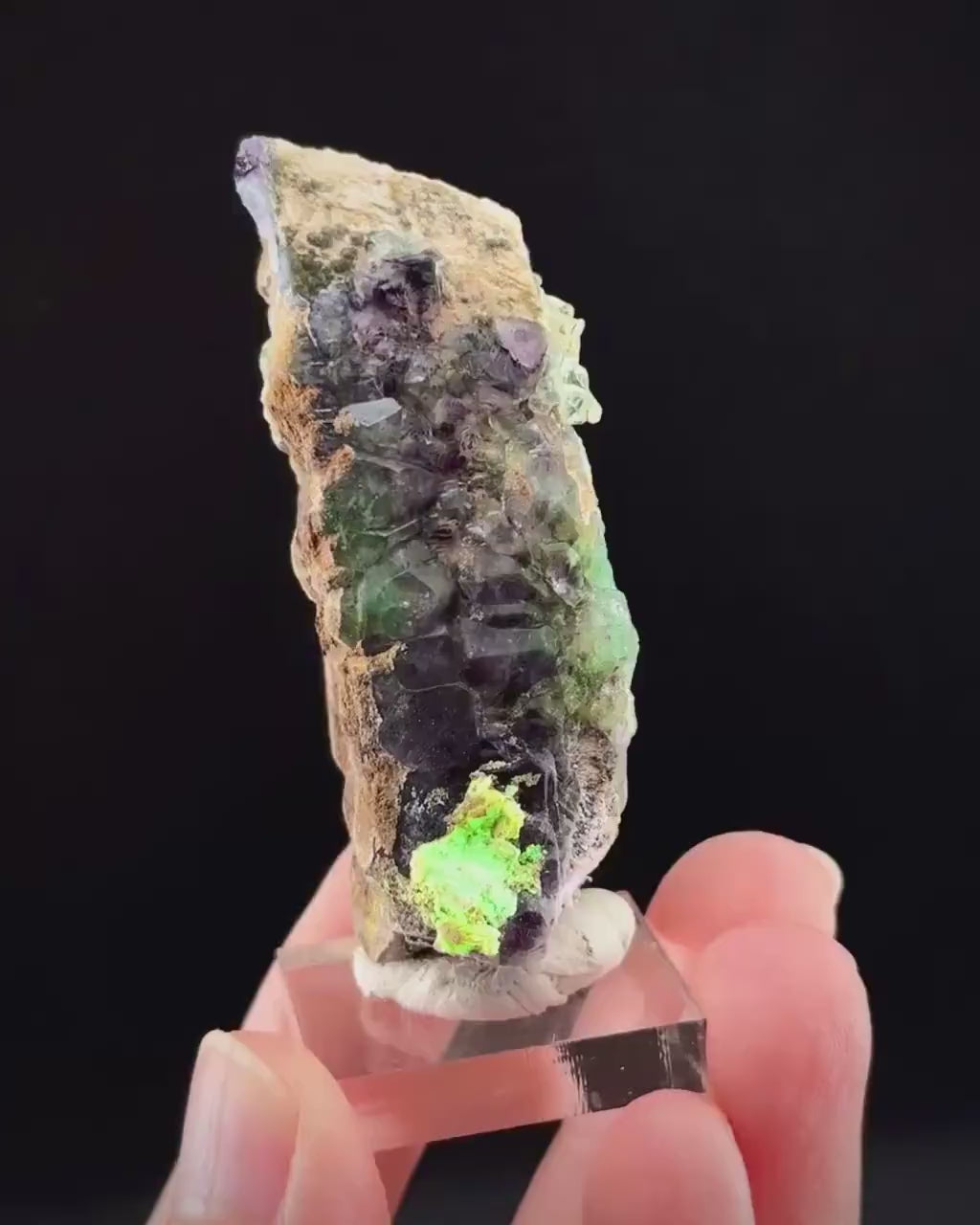 Fluorite w/ Hyalite Opal on Feldspar (Namibia) | UV reactive Hyalite Opal on fluorite crystal, mineral specimen