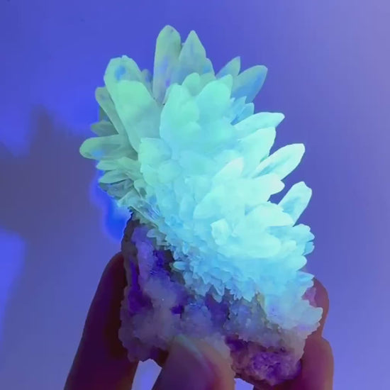 Fluorescent Calcite | UV-reactive raw crystal cluster, natural mineral specimen