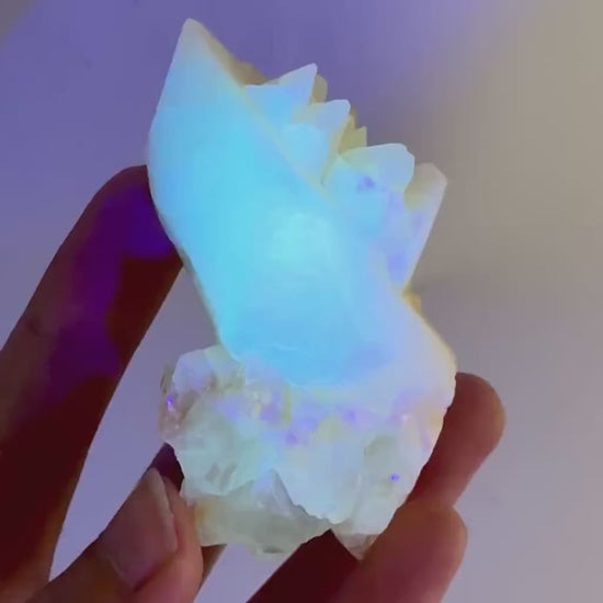 Fluorescent Calcite | UV-reactive raw crystal cluster, natural mineral specimen