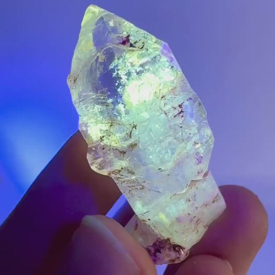 Firefly Petroleum Quartz Sceptre | UV reactive crystal, fluorescent mineral from Madagascar