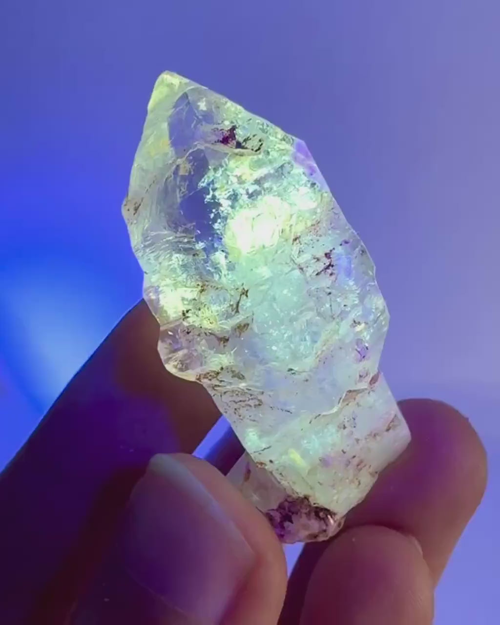 Firefly Petroleum Quartz Sceptre | UV reactive crystal, fluorescent mineral from Madagascar