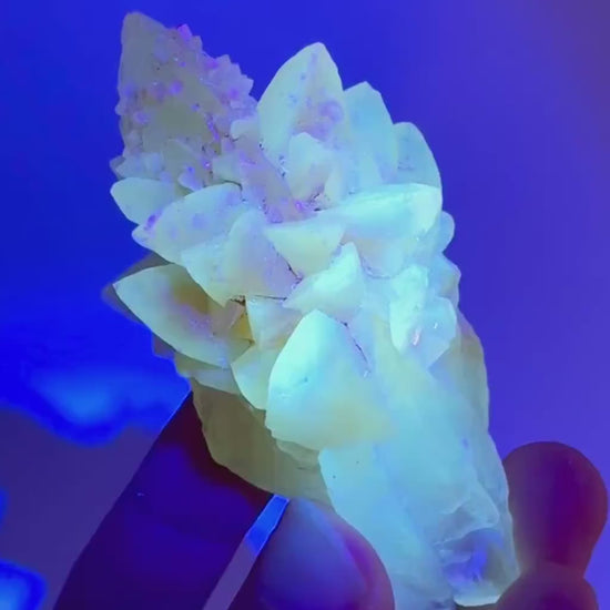 Fluorescent Calcite | UV-reactive raw crystal cluster, natural mineral specimen