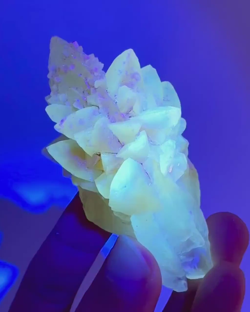 Fluorescent Calcite | UV-reactive raw crystal cluster, natural mineral specimen