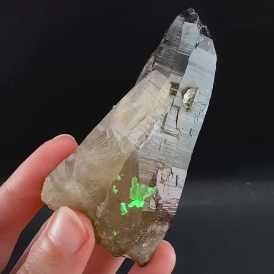 Hyalite Opal on Smoky Quartz (Namibia) | UV reactive Hyalite Opal on smoky quartz crystal