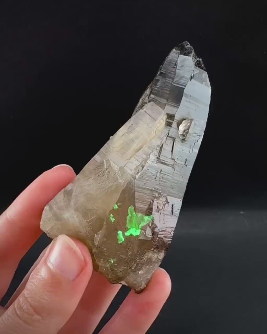 Hyalite Opal on Smoky Quartz (Namibia) | UV reactive Hyalite Opal on smoky quartz crystal