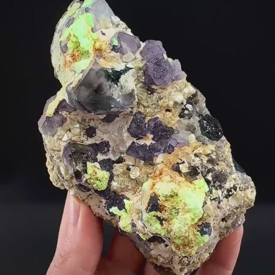 Fluorite w/ Hyalite Opal (Namibia) | UV reactive Hyalite Opal on fluorite crystal, mineral specimen