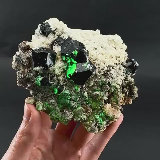 UV Reactive Hyalite Opal on Black Tourmaline & Feldspar | Fluorescent Mineral Specimen from Namibia