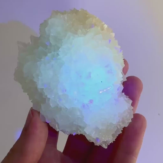 Fluorescent Calcite | UV-reactive raw crystal cluster, natural mineral specimen