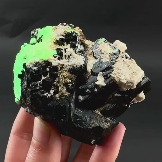UV Reactive Hyalite Opal on Black Tourmaline | Fluorescent Mineral Specimen from Namibia